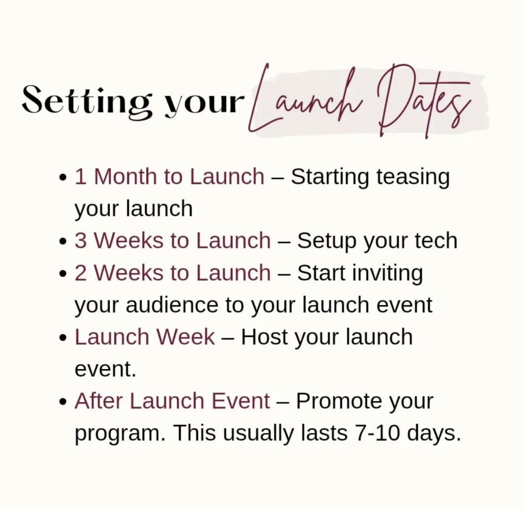 Setting your launch dates Image From Rajeena Nizamudeen Funnel and Launch Strategist For Online Businesses, Courses, Coaches and Mor